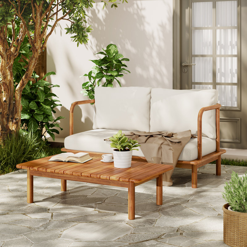 Bluffton 2-Piece Outdoor Acacia Wood Conversation Set with Cushion & Slatted Top