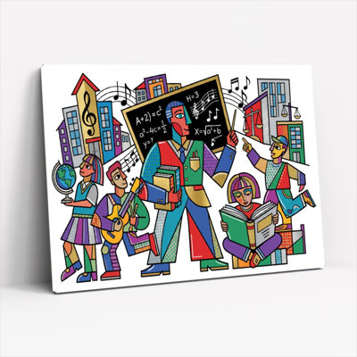 Colorful School Children With Music And Math Elements Canvas Wrapped Wall Art Oil Painting Print Set Of 1