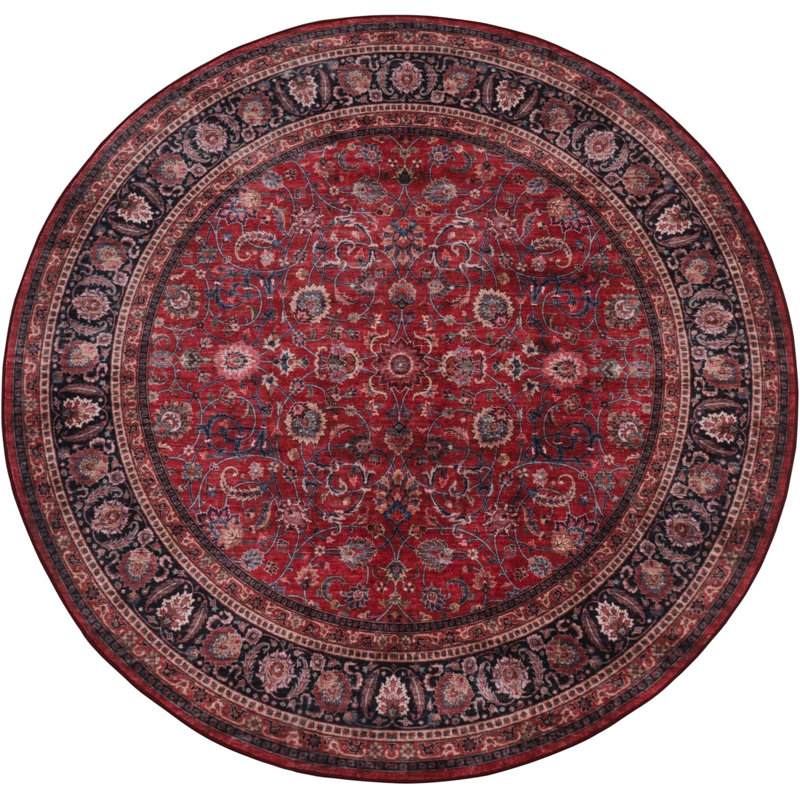  Yildiz - Indoor, Machine Washable Area Rug - 5'3" Round Dark Red Home Carpet, Round 5'3"