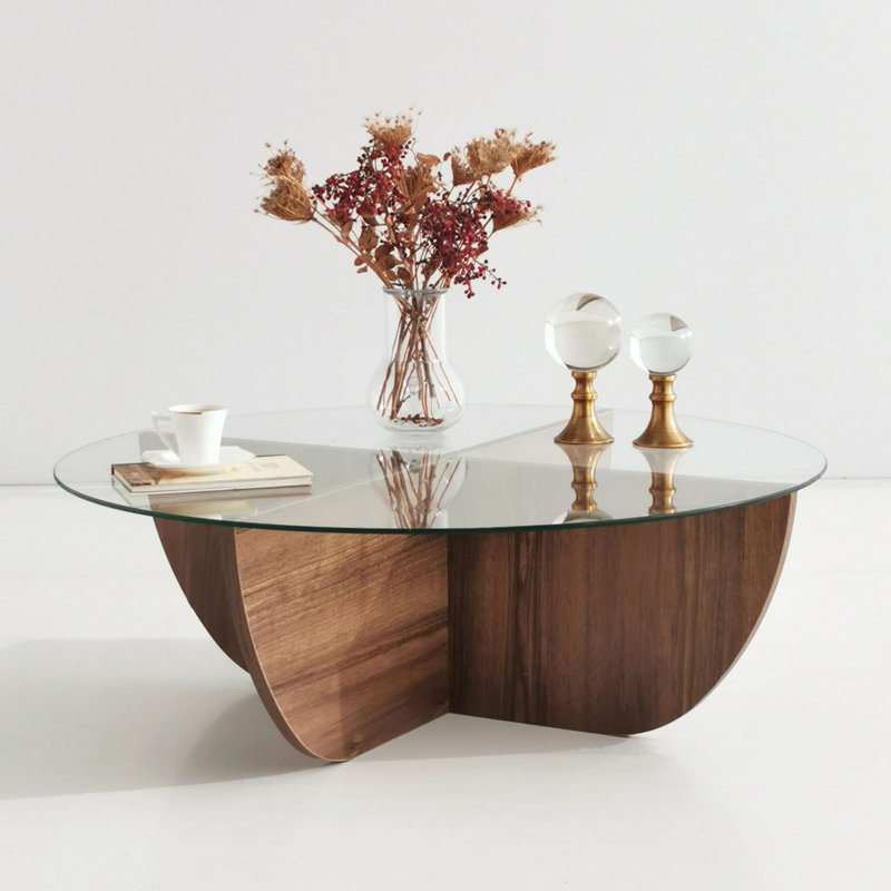 Table basse moderne, couleur noyer, 35,4 po x 11,8 po x 35,4 po | 100% plateau en verre trempé, 100% panneau de particules recouvert de mélamine, 0,7 po d'épaisseur | Conception élégante et durable pour les espaces de salon et de détente