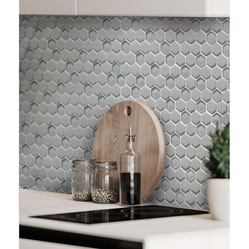 11.8" X 12" Recycled Glass Hexagon Polished Mosaic Tile, Gray