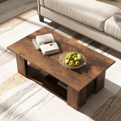 Grande table basse moderne en bois à 2 niveaux de 41 pouces avec tablette de rangement