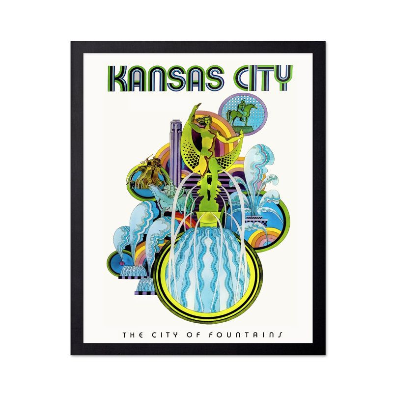 Fontaines de Kansas City, H 12 po x l 16 po, Affiche, Cadre noir