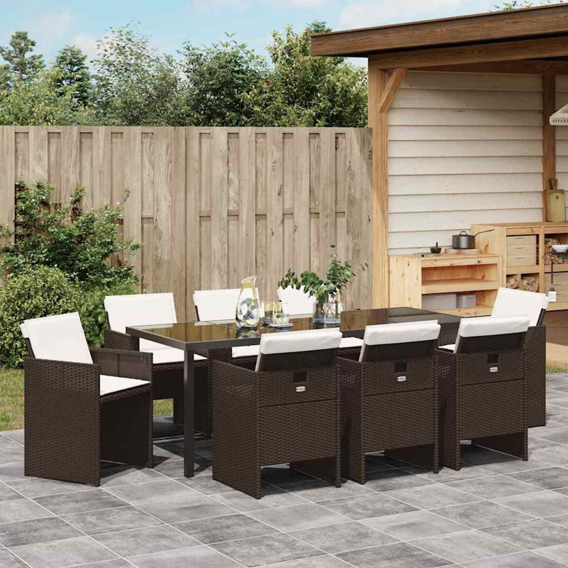 Elijio 8 - Person Patio Dining Set Rectangular Table, Beige Cushion/Brown Frame
