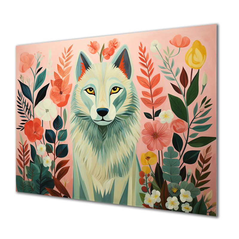 Portrait de loup bohémien rose et vert V - loup, art mural en métal, H 24 po x l 32 po x P 1 po