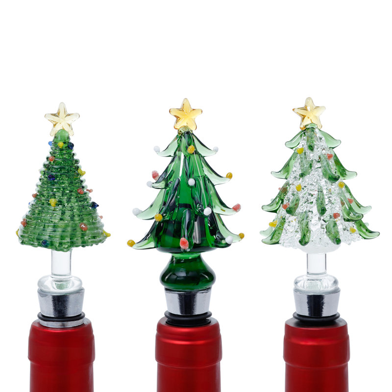 Bouchons de bouteille en verre en forme de sapin de Noël avec coffret-cadeau, 3 modèles assortis, ensemble de 6