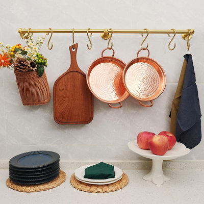 Porte-casseroles murales en laiton avec crochets, barre de cuisine pour casseroles, poêles, tasses et ustensiles