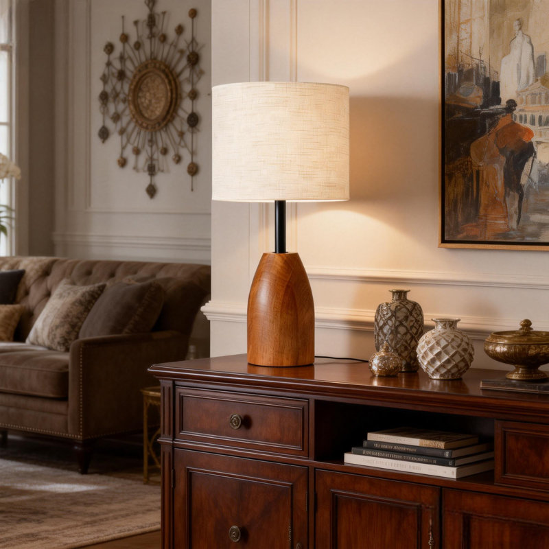 Solid Wood Table Lamp with Linen Shade – Mid-Century 3 Color for Living Room & Bedroom