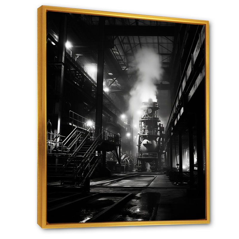 Paysage industriel en obsidienne - reproduction, H 20 po x l 12 po x P 1 po, Cadre flottant doré