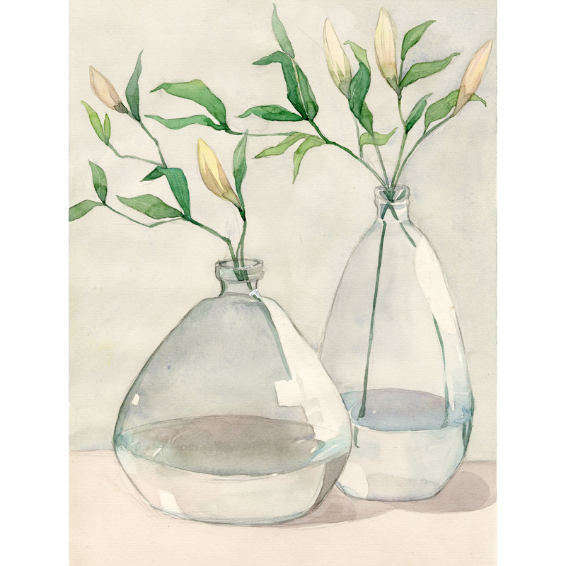 Fougères dans des vases en verre - peinture sur toile tendue, H 30 po x l 20 po