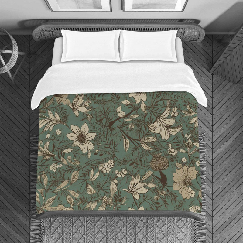 Floral Brown/Green Microfiber Duvet Cover, King Duvet Cover