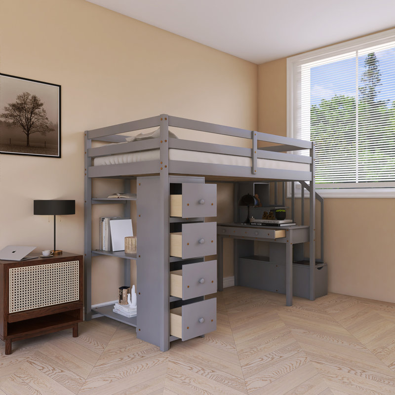 Lit mezzanine simple avec bureau Wood, gris
