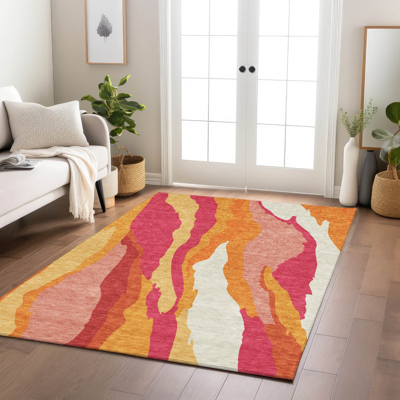 Blush and Orange Synthetic Washable Area Rug