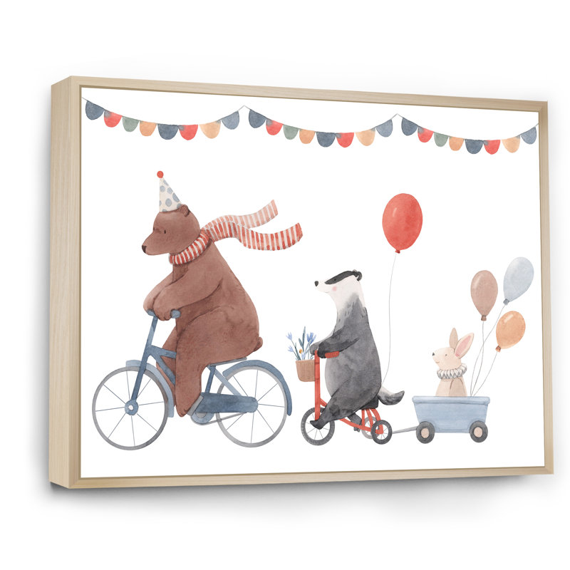 Animaux mignons à bicyclette, H 16 po x l 32 po x P 1 po, Cadre naturel flottant