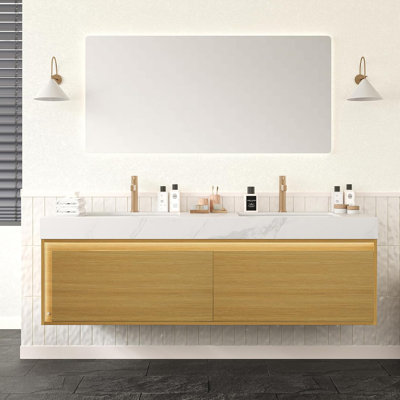 Meuble-lavabo 60 po avec lavabo, tiroir et capteur de lumière, comptoir en pierre frittée blanche et lavabo en céramique, pré-assemblé