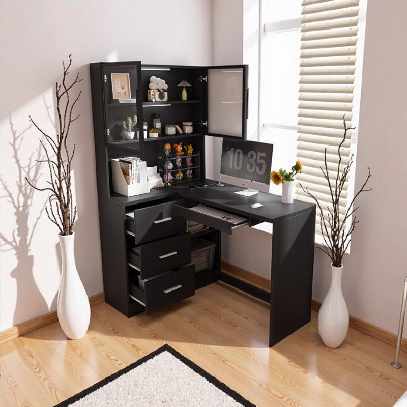 Bureau d'ordinateur d'angle en L avec lumières à DEL intégrées et armoires en verre - Poste de travail ergonomique avec ports de chargement USB, plateau à clavier et tiroirs de rangement (noir)