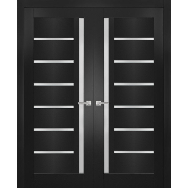 Portes doubles françaises massives Quadro 4088 Noir mat avec vitrage dépoli, cadre en bois massif, portes robustes pour placard ou chambre à coucher, 84 x 80 (2 x 42 x 80)