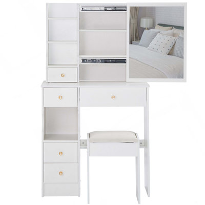 29.2" Small Space Left Drawer Desktop Vanity Table   Cushioned Stool, Extra Large Right Sliding Mirror, Multi Layer High Capacity Storage, Practical Fashionable Dresser, Suitable For Small Space