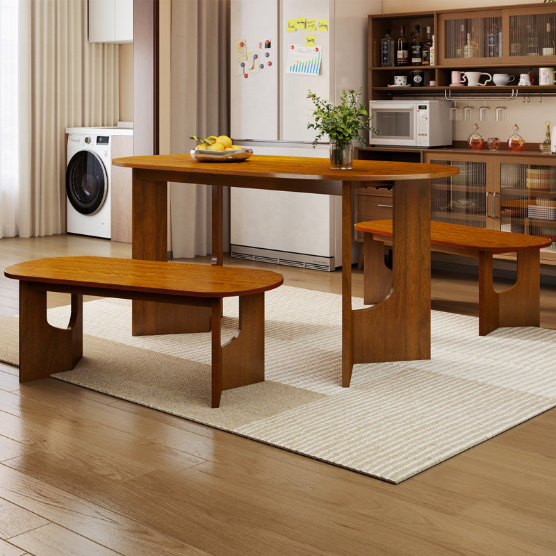 Ensemble de table de salle à manger 4 personnes à base en bois massif brun moderne avec 2 bancs pour la cuisine et la salle à manger