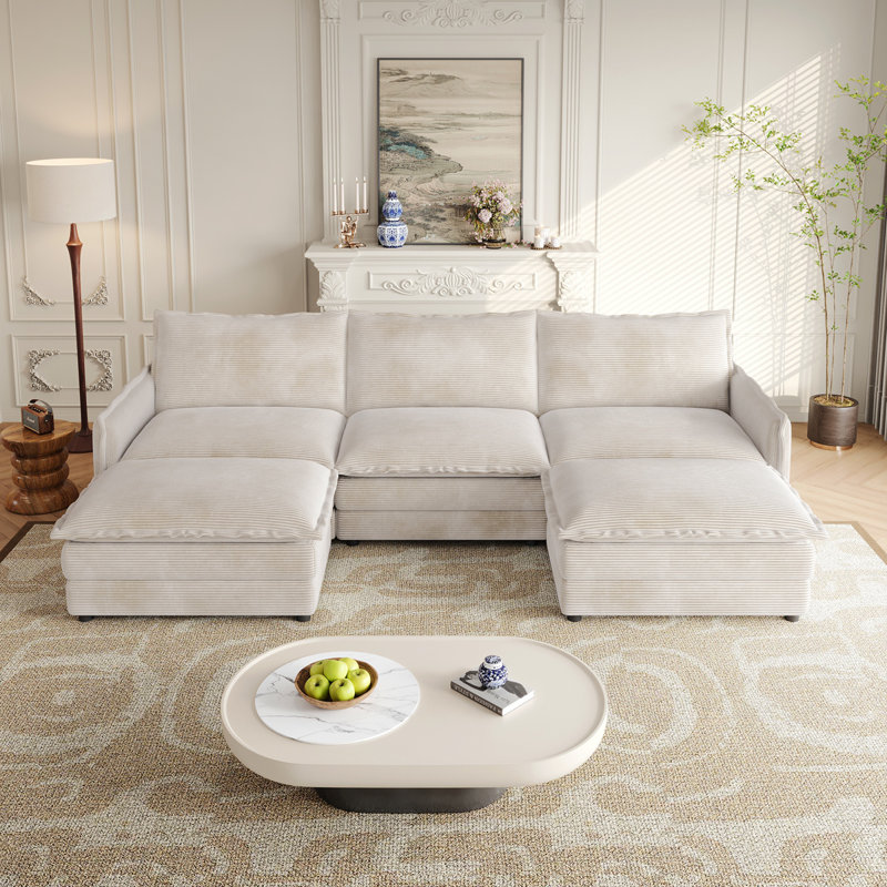 Canapé en tissu velours 3 places en velours côtelé confortable avec repose-pieds mobile pour le salon, ensemble de canapé en U surdimensionné à assise profonde, canapé rembourré à assise profonde de grande taille avec 3 coussins