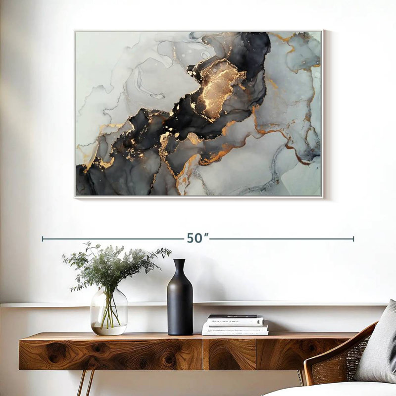 Éclaboussure noire et dorée, Cadre flottant blanc, 40 po x 27 po