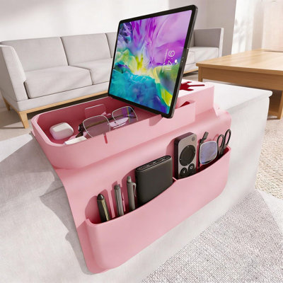 Couch Cup Holder For Tablet & Phone Stand, Sofa Arm Tray Organizer With Dual Side Pockets,(Pink)