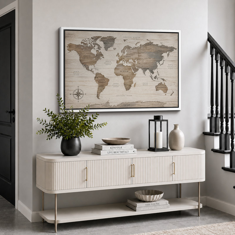 Rustic World Map Artwork, Office Pictures, Framed Canvas Giclee Print Wall Art, White Frame, H 16 po x l 24 po x P 1,5 po