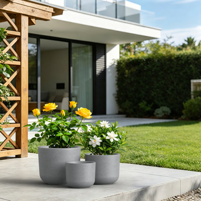 Ensemble de 3 pots à fleurs ronds en béton, ensemble de pots de plantes d'intérieur et d'extérieur modernes 9/11/13 pouces, gris moyen