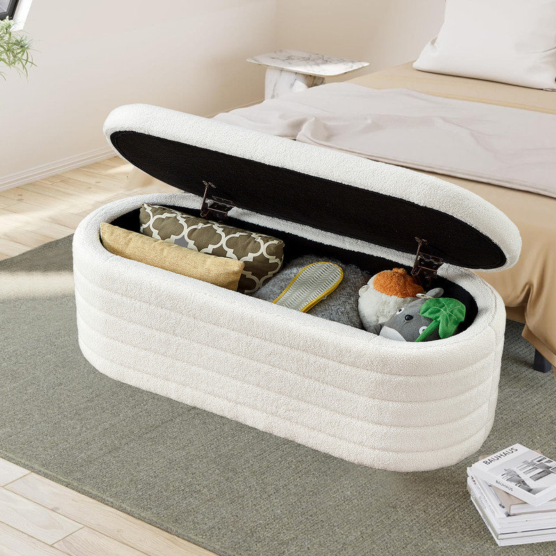 Modern Oval Storage Ottoman Bench, Upholstered Boucle Teddy Fabric End of Bed Bench, End of Bed Stool with Safety Hinge for Bedroom, Living Room