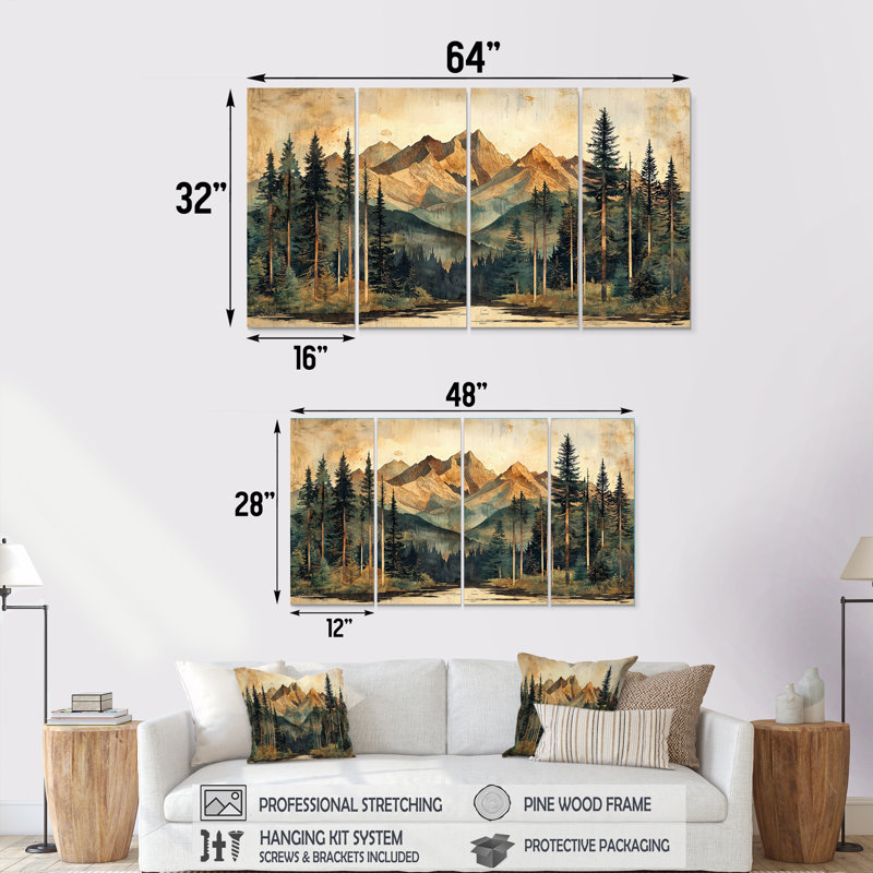 Paysage montagnard montagnard II - Treescape Art - ensemble de décoration murale, H 28 po x l 48 po, 4