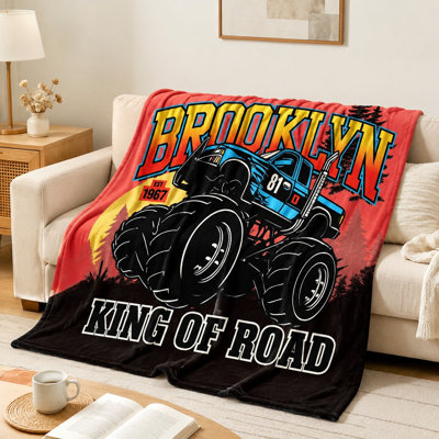 Cool Monster Truck Throw Blanket, King of Road Graphic Plush Blanket for Sofa, Couch, Bedroom, Living Room Home Decoration