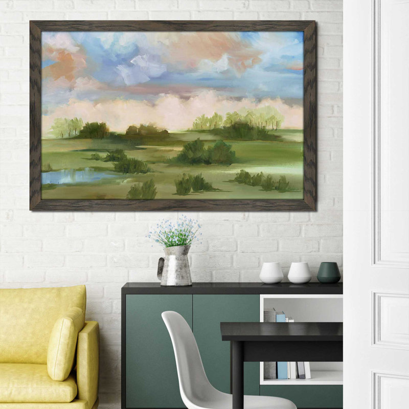 «Rolling Hills II» par Liz Jardine - peinture à cadre flottant, Cadre chocolat patiné, H 21,5 po x l 27,5 po x P 0,75 po