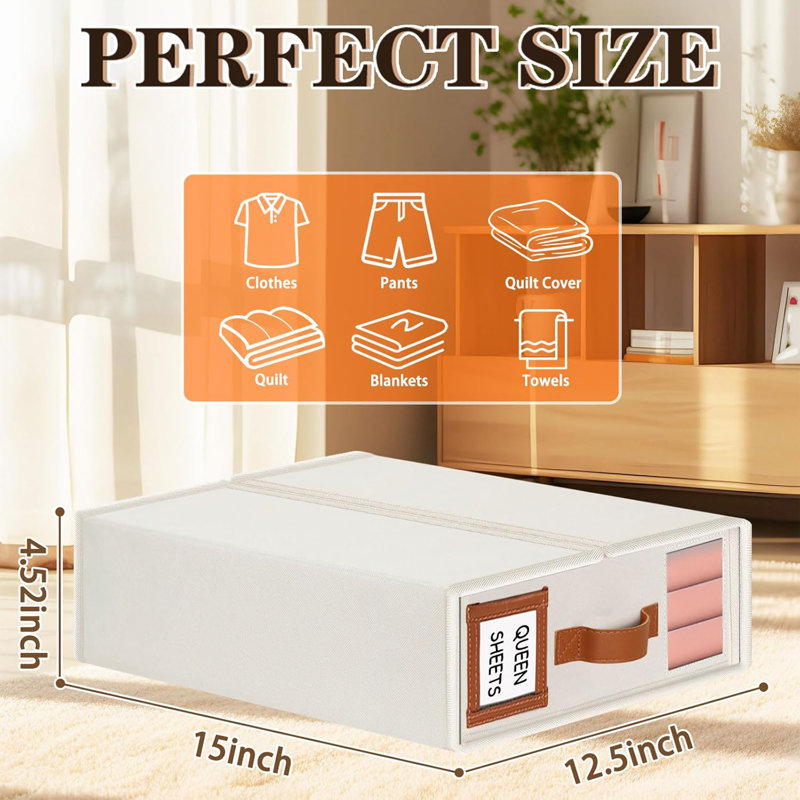 Sheet Organizers And Storage 4 Pack, Foldable Bed Sheet Organizers And Storage , Bed Sheet Organizer With Leather Handle, Window And Label, Beige