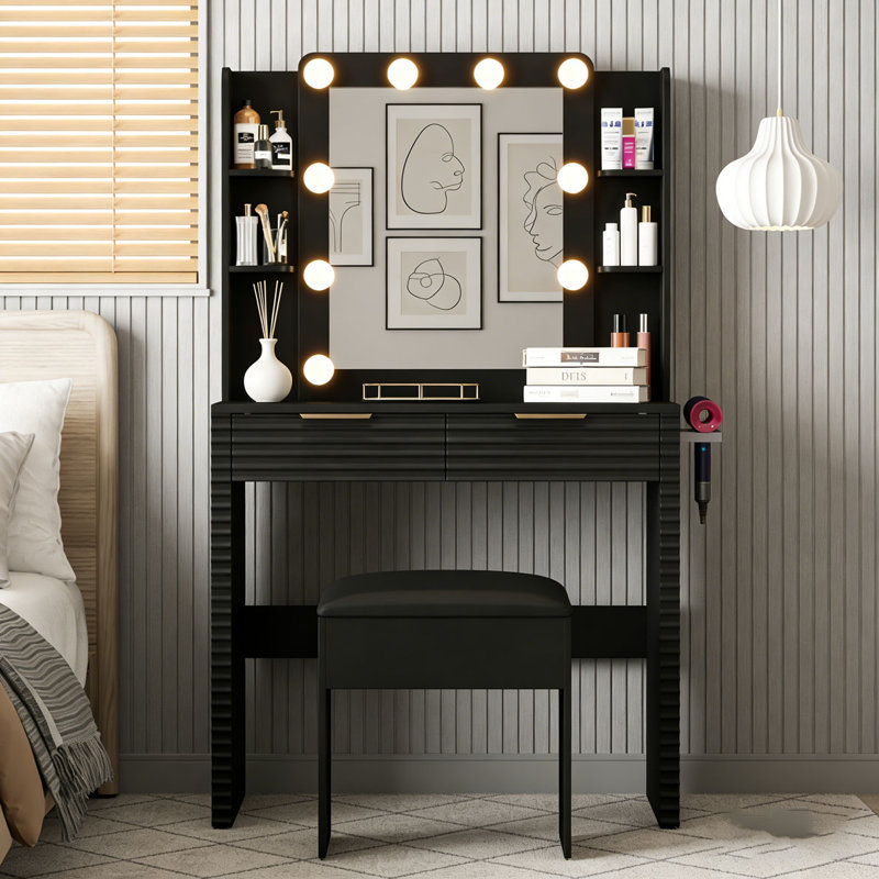 Meuble-lavabo avec 10 ampoules Hollywood, coiffeuse cannelée avec station de charge, 2 tiroirs et 4 tablettes ouvertes