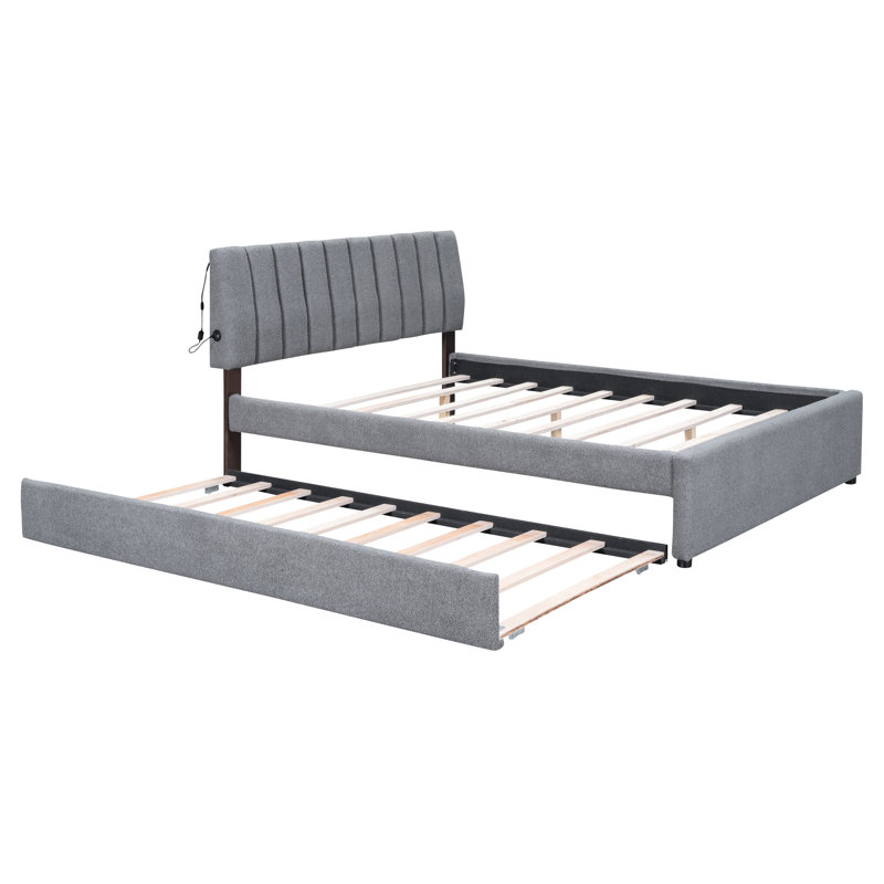 Lit plateforme tapissier avec lit gigogne simple TG et tissu serein gris grand, Gris, Grand lit
