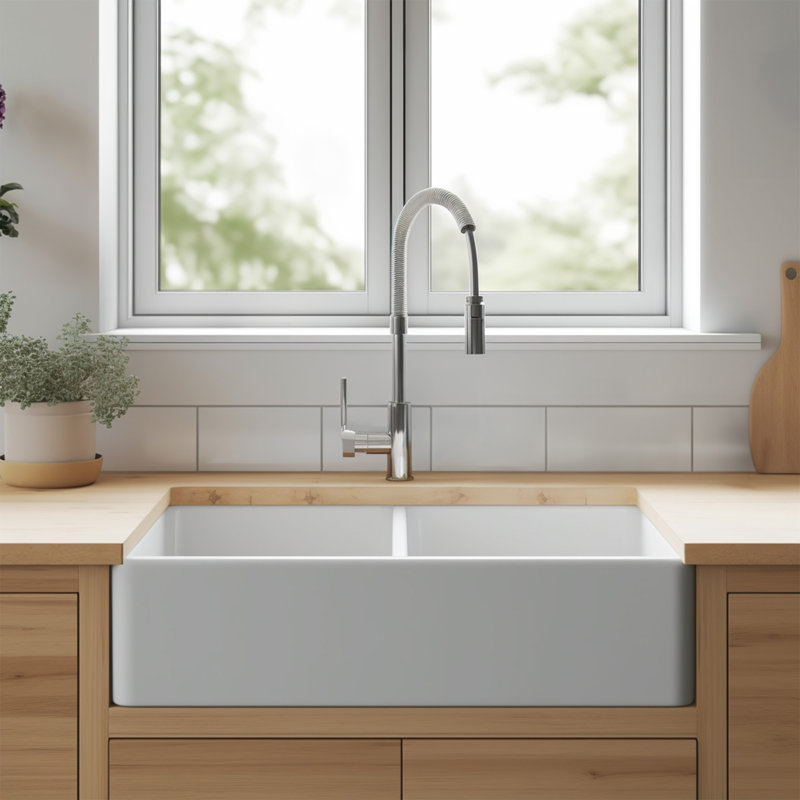 Sinkology Turner 33-Inch Double Bowl Fireclay Farmhouse Apron Front Kitchen Sink in Crisp White