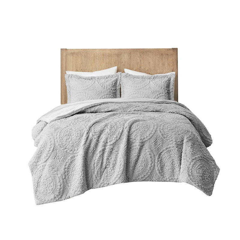 Mini édredon gris en fausse fourrure pour lit double / grand avec médaillon brodé