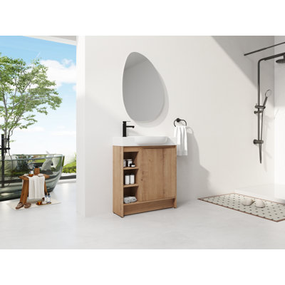 Meuble-lavabo de 76 cm avec lavabo en céramique, meuble de rangement de salle de bain autoportant en contreplaqué monobloc, fini chêne, porte à fermeture amortie, étagères ouvertes