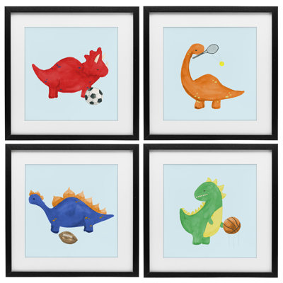 Ensemble de 4 animaux mignons jouant à des sports sous un verre encadré, design par Lucille Price