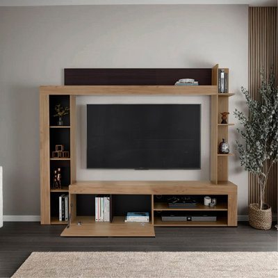Entertainment Center, TV Stand 70" With Shelves And Cabinets, Modern Living Room Wall Unit, Natural Oak