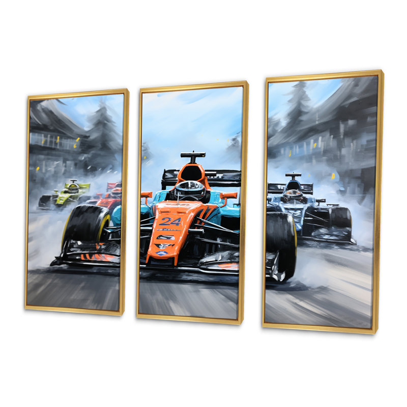 Orange et bleu, voiture de course, art mural, Cadre flottant doré, H 28 po x l 36 po x P 1 po