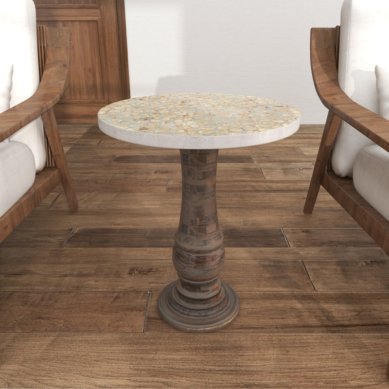 Mango Wood Handmade Turned Gray Side End Accent Table with Brown Mosaic Wood Chip Tabletop
