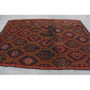 Élégant tapis kilim rouge, motif géométrique 6,5 x 9,2 pi