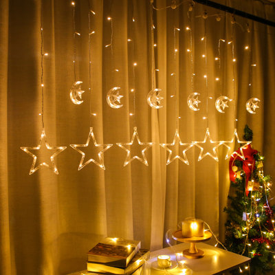 6.56' Led Curtain Lights Stars 8 Mode USB Power for Home Window Wall Patio Party Ramadan Decoration