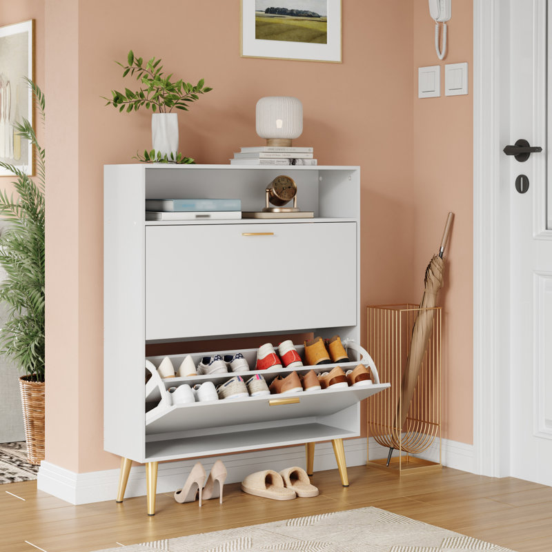 Modern 12 Pair Shoe Storage Cabinet with Doors,Adjustable Shelves, White