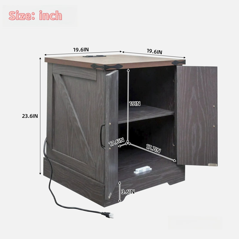 Farmhouse End Table With Charging Station, An Adjustable Shelf And Black Handles And Hinges , Gris