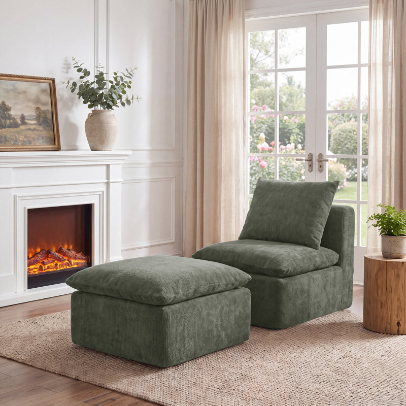Ensemble fauteuil d'appoint et repose-pieds compressés, fauteuil moderne à assise profonde avec ressorts ensachés et coussin assorti, vert