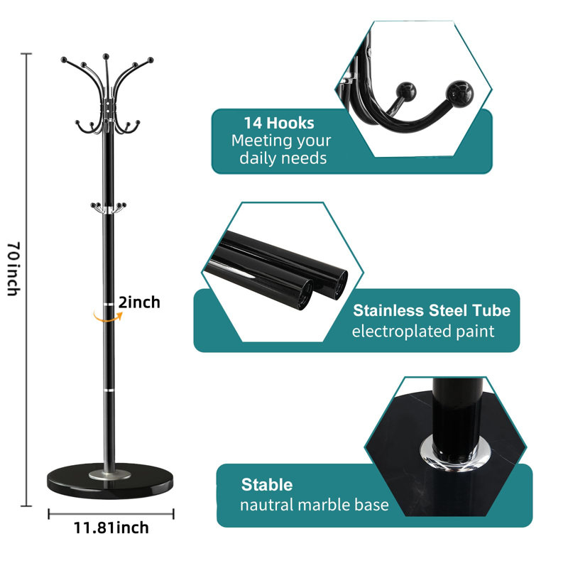 Black Metal Freestanding Coat Rack with Natural Marble Base and 14 Hooks