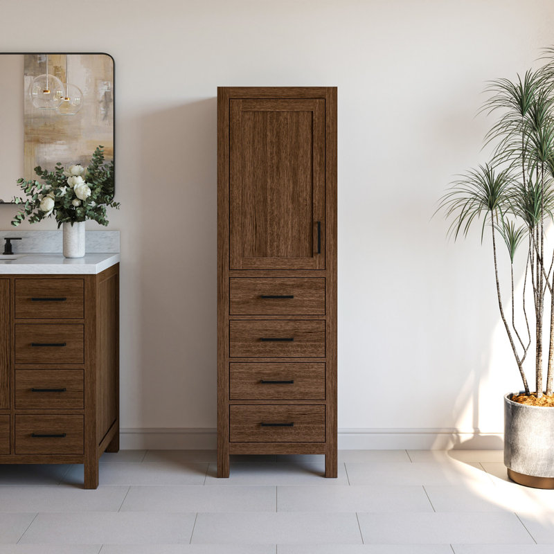 Amariani Solid Wood Linen Cabinet, Pre-assembled, 65"H x 20"W, Brown Oak