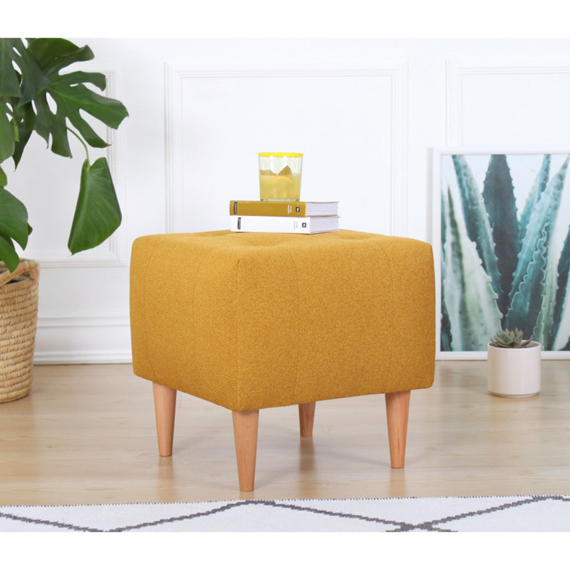 Bohemian Pouffe with Yellow Velvet & Cotton Fabric, 17.0 x 17.0 x 17.0 inches | Orthopedic 35 DNS Sponge Cushion, 6.0 in Height | Sturdy Wooden Legs | Perfect for Southwestern & Hotel Décor, Stylish & Functional